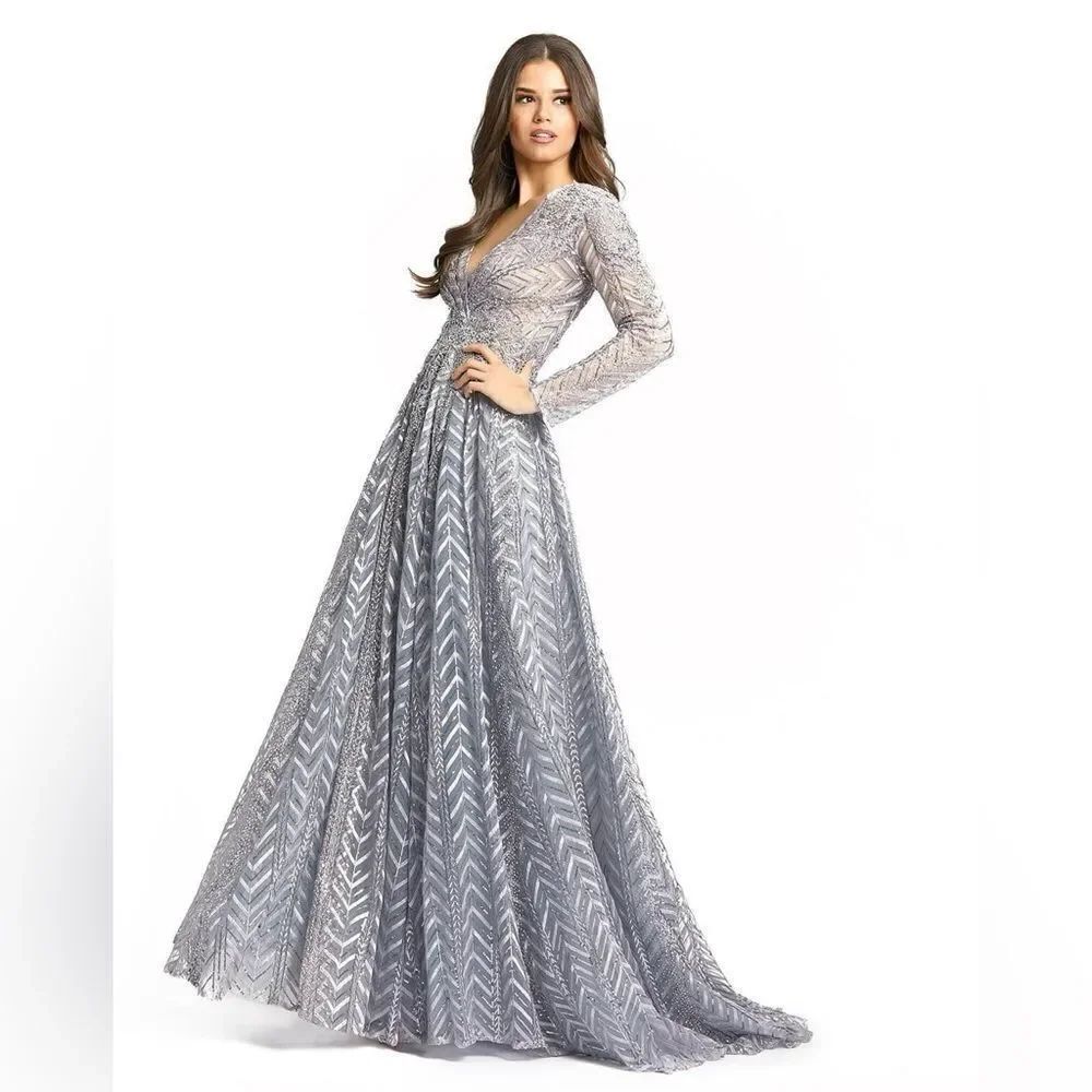 MAC DUGGAL EMBELLISHED ILLUSION LONG SLEEVE WRAP OVER A LINE GOWN/ Size 10